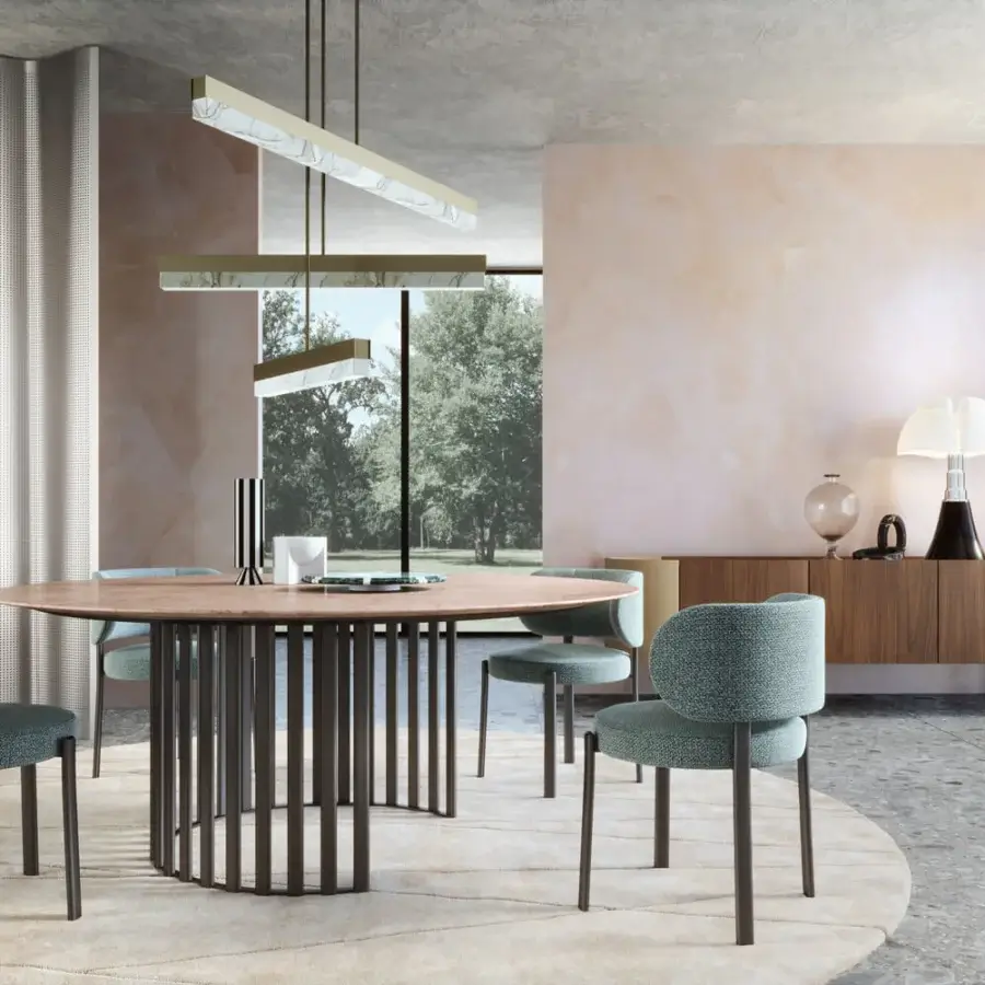 Distinctive Turri Roma table with warm brown glossy lacquered wood and dark bronze finished metal tubes