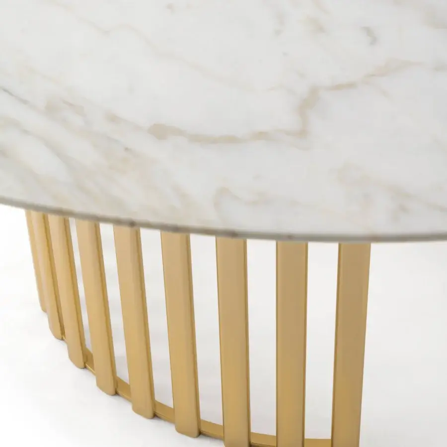 Distinctive Turri Roma table with a round marble top exhibiting gold and beige veining in a glossy gold finished metal base