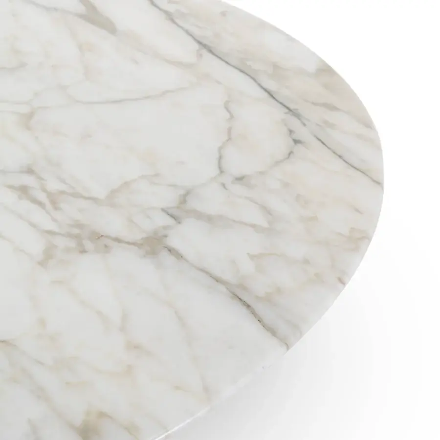 Superior Turri Roma table with a round white marble top exhibiting grey and beige veining and glossy finish