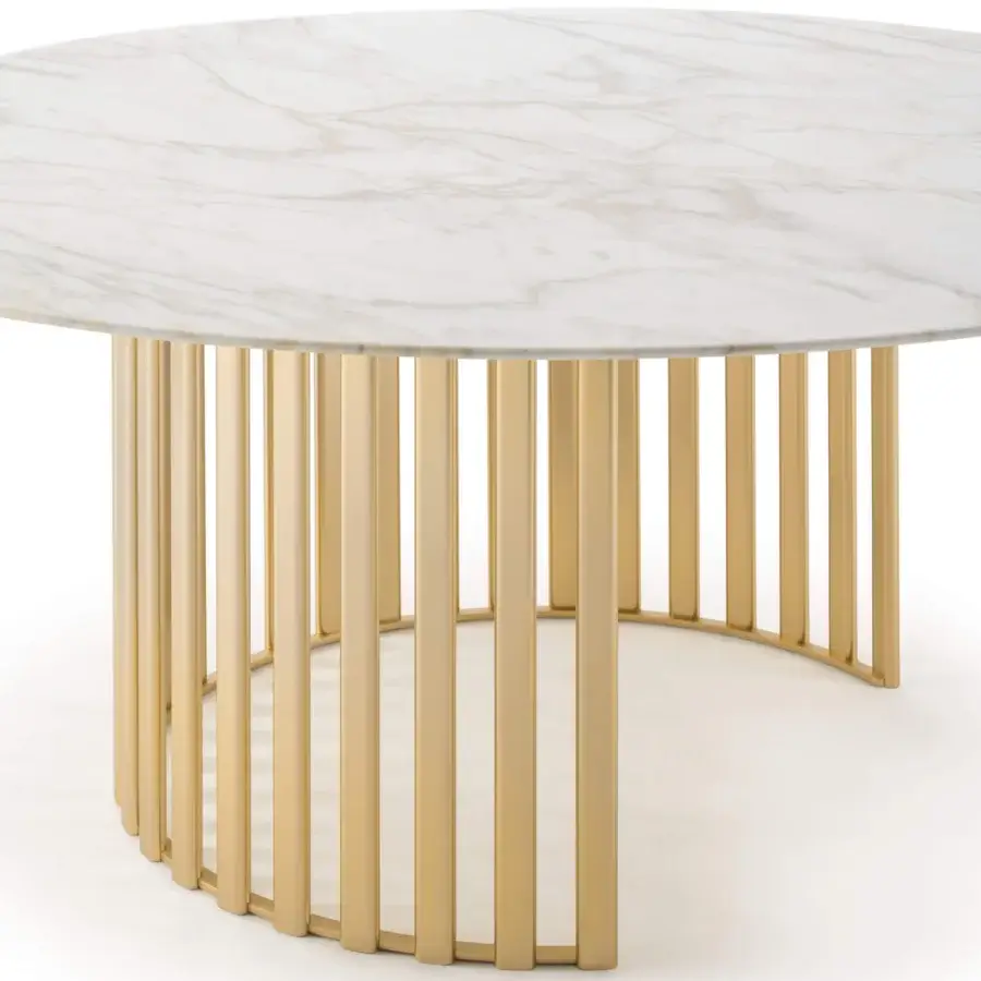 Distinguished Turri Roma table with a semi-circular golden metal base and round marble top exhibiting beige veining
