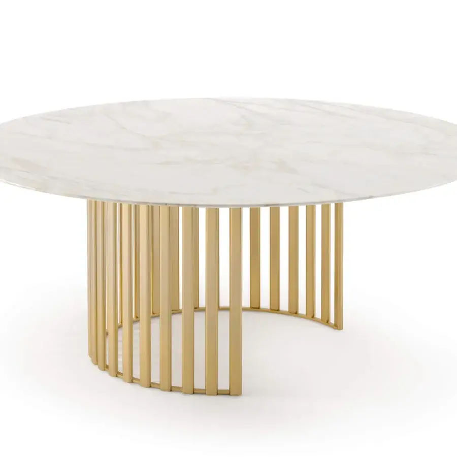 Exceptional Turri Roma table with a glossy white and beige veined wood top and semi-circular gilded metal base