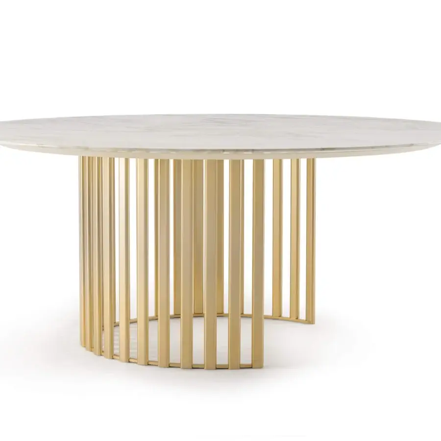 Elegant Turri Roma table with a glossy marble top and semi-circular golden metal base exhibiting balanced proportions