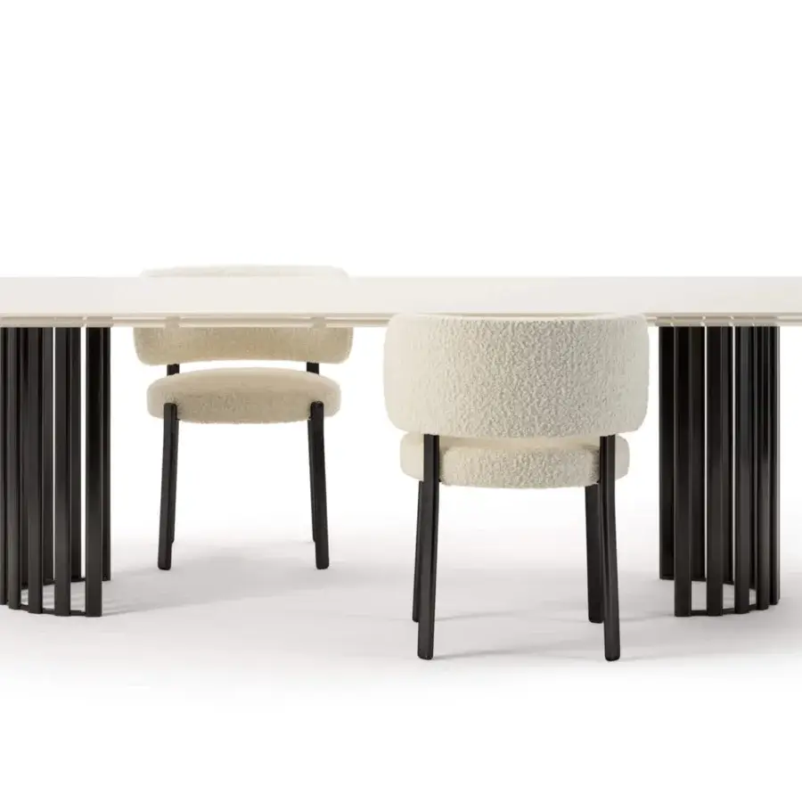 Superior Turri Roma table with a glossy lacquered wood top and striking vertical metal supports