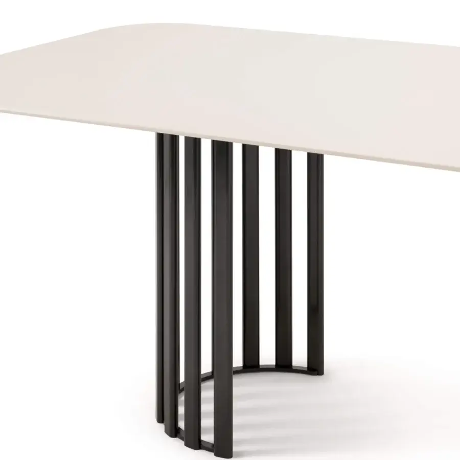 Innovative Turri Roma table with a glossy lacquered wood top and vertically arranged metal tubes built in a striking base