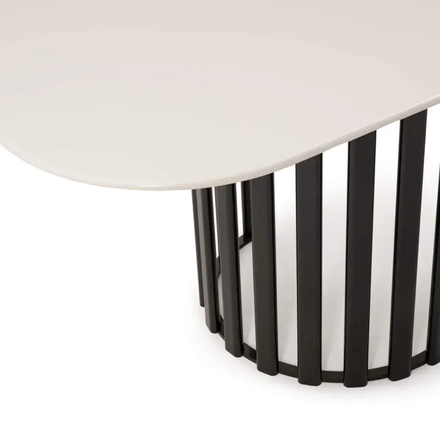 Distinguished Turri Roma table with a light cream glossy lacquered wood tabletop and black metal base crafted in a semi-circular form
