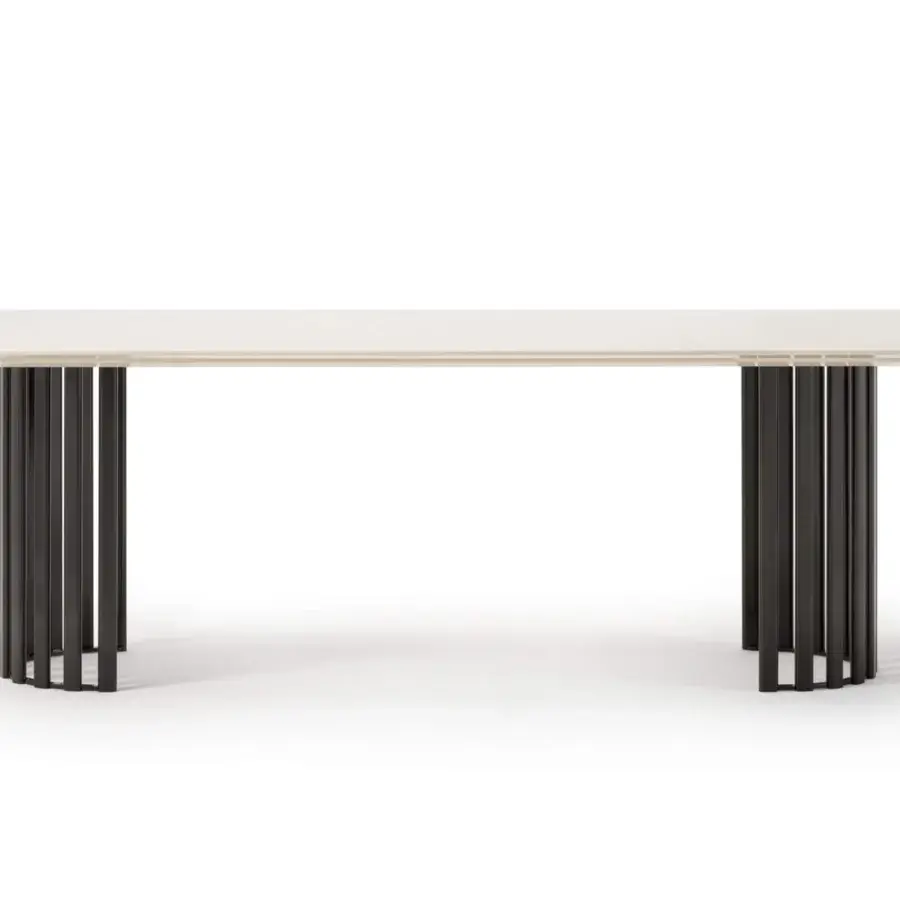 Exceptional Turri Roma table with a light cream glossy lacquered wood top and parallel dark metal tube base