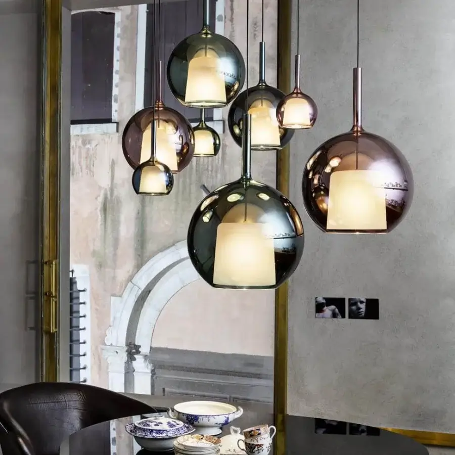 Distinguished Penta Glo suspension lamp crafted in mirrored and sandblasted glass with a glossy smokey gray-green finish