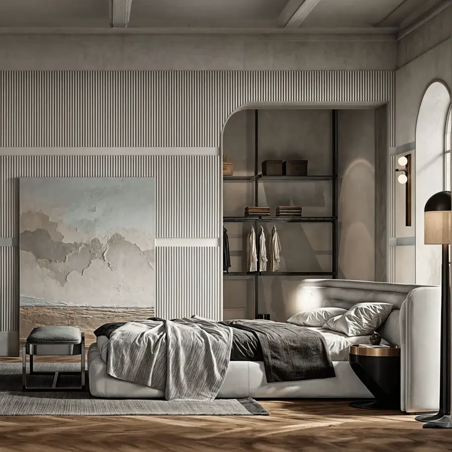 Distinguished WAYNE Enterprises WE-078 bed with light gray textile upholstery and lacquered base evoking modern elegance