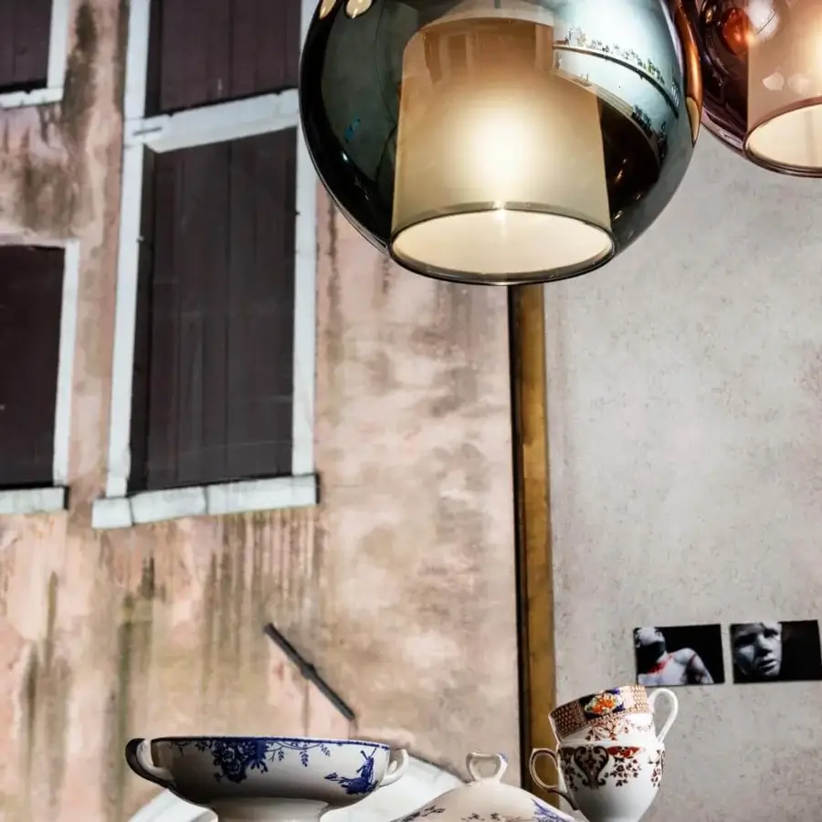 Superior Penta Glo suspension lamp crafted in Italy with mirrored glass and sandblasted glass creating captivating illumination