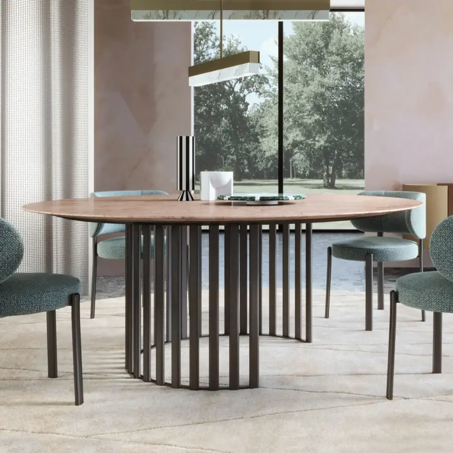 Distinctive Turri Roma table with a mottled light brown and beige composite tabletop and dark metal tube base