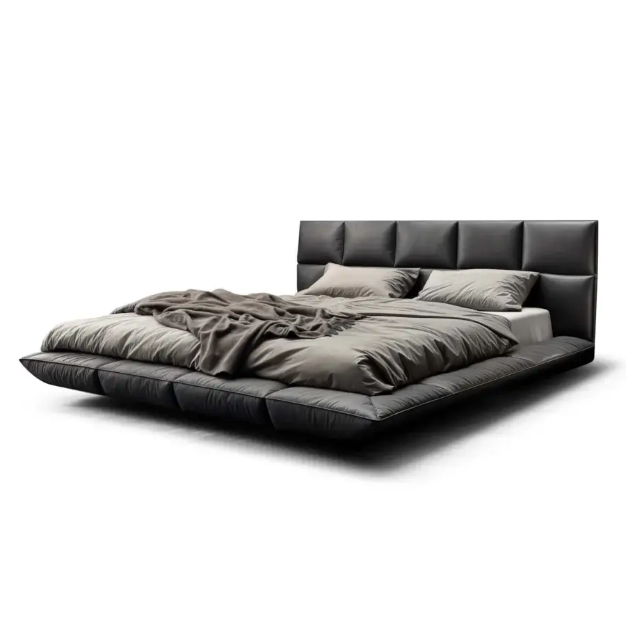 Superior WAYNE Enterprises WE-069 bed with dark gray upholstery, padded base and segmented headboard with matte finish