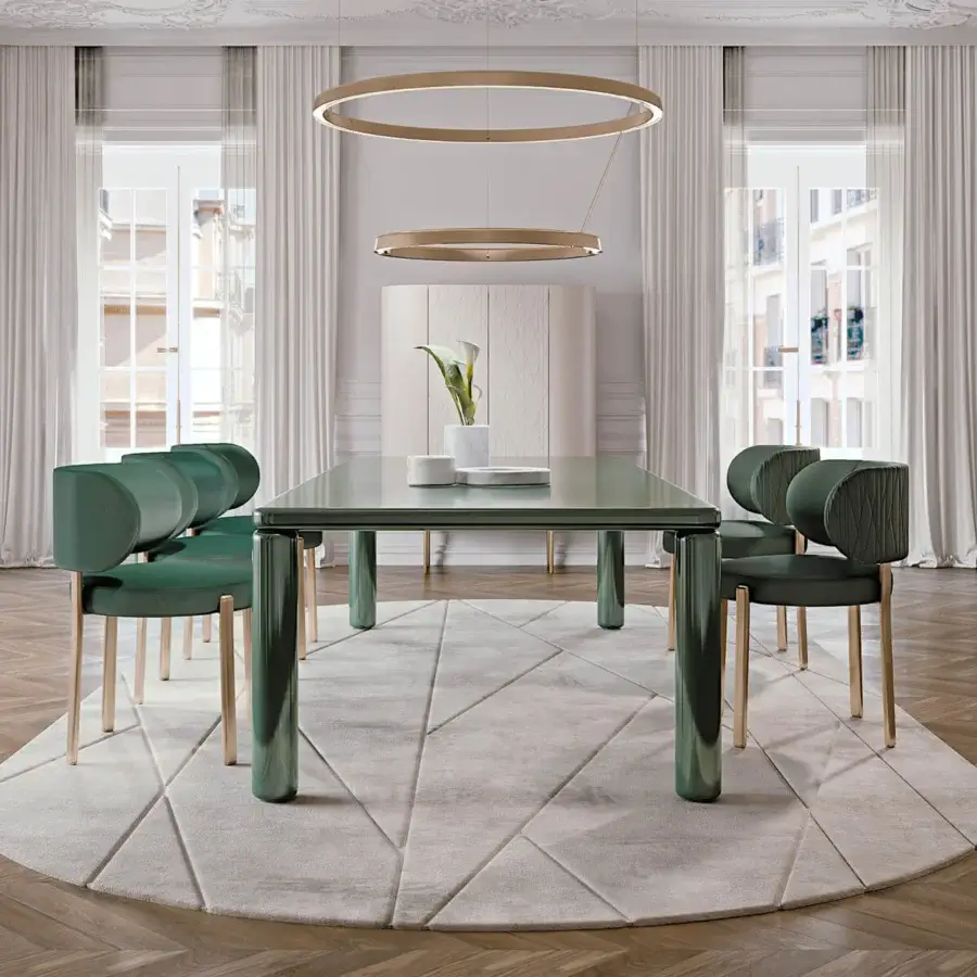 Distinguished Turri Roma table with softened corners and cylindrical legs, crafted in glossy green lacquered wood