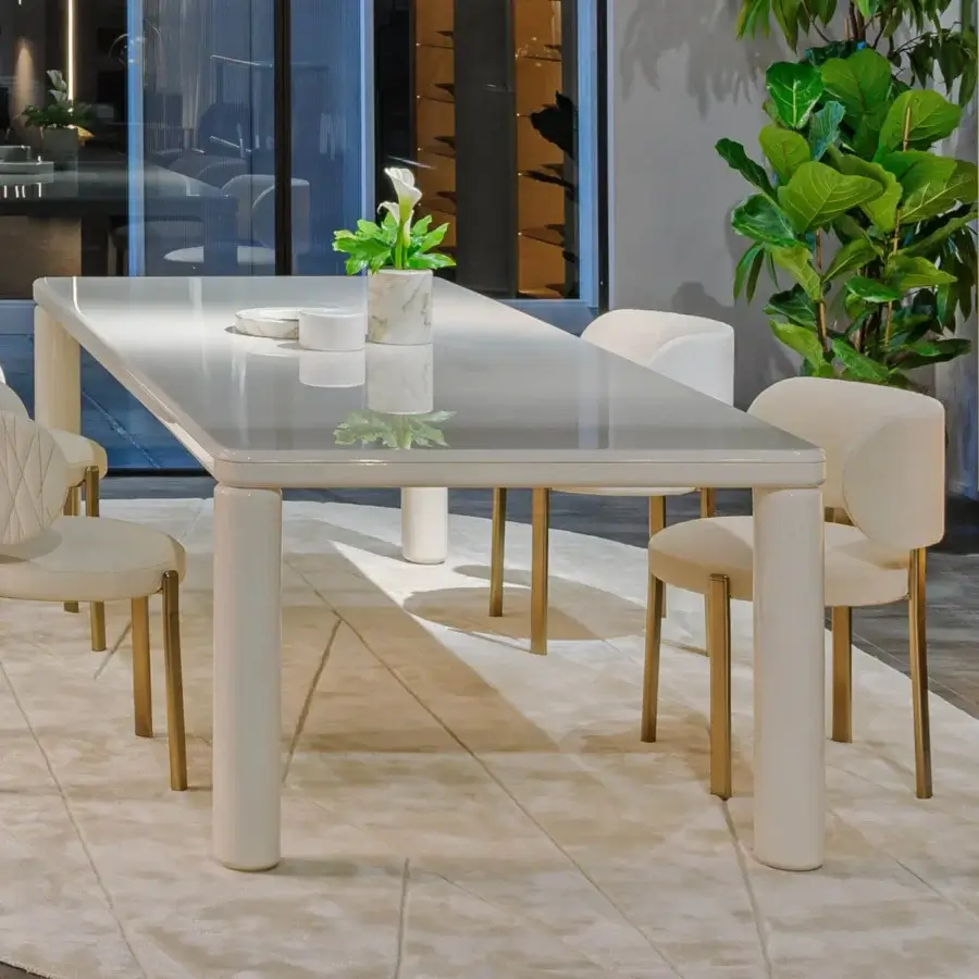 Distinguished Turri Roma table with glossy light gray lacquered wood and rounded corners crafted by Italian artisans