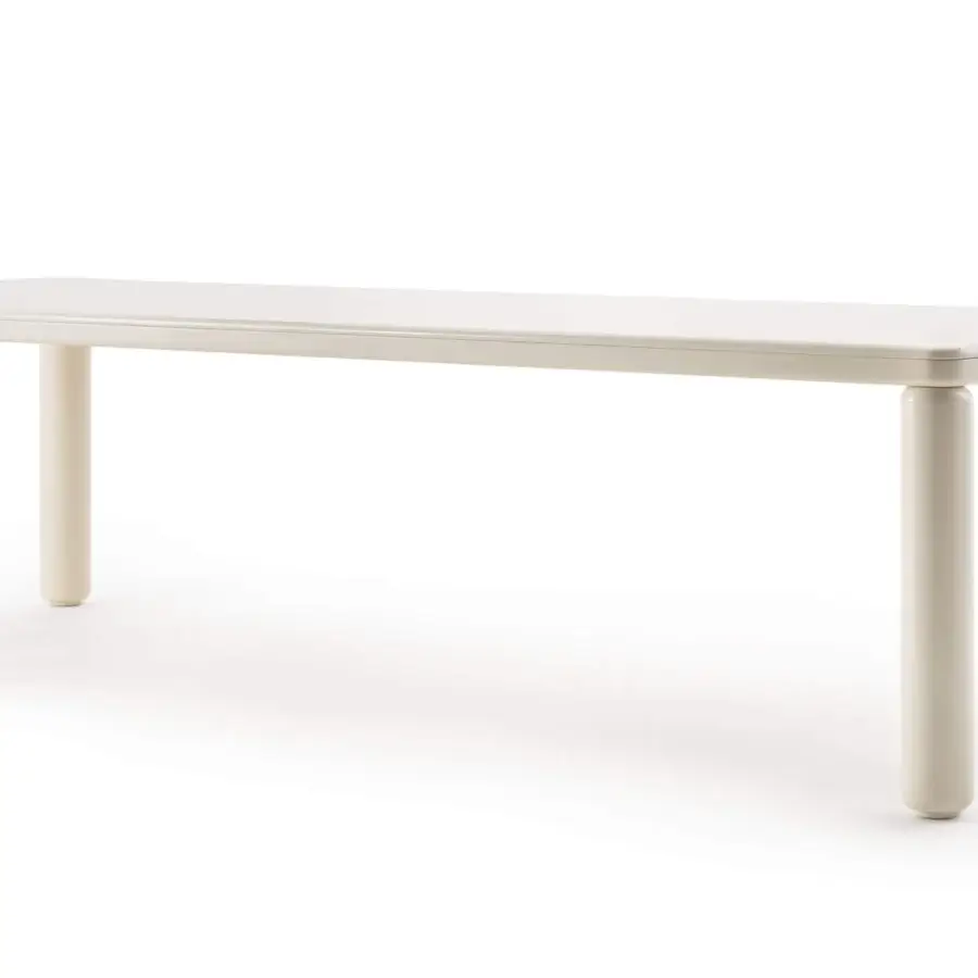 Exceptional Roma table crafted in pale off-white lacquered wood with rounded corners and cylindrical legs