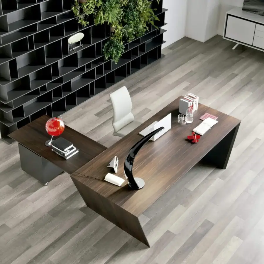 Elegant Cattelan Italia Vega desk in Canaletto walnut with dark brown finish and angular black supports, paired with a gray two-drawer unit