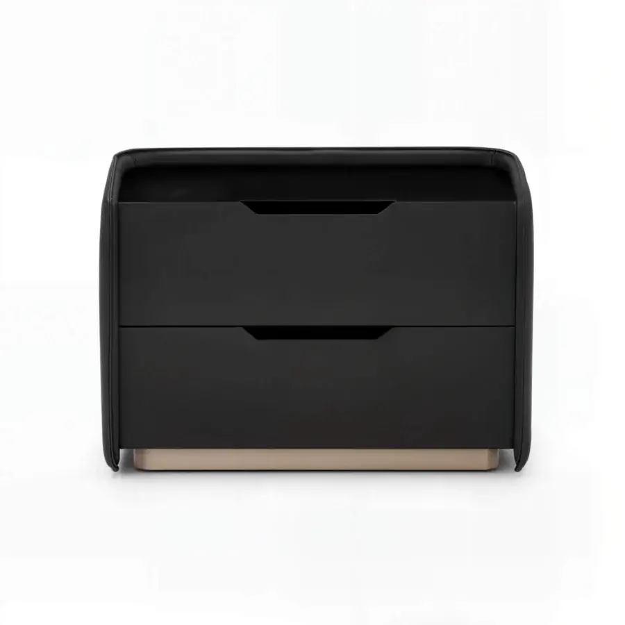 Superior WAYNE Enterprises WE-150 nightstand upholstered in sleek black leather with wood veneer and beige metallic lacquered base