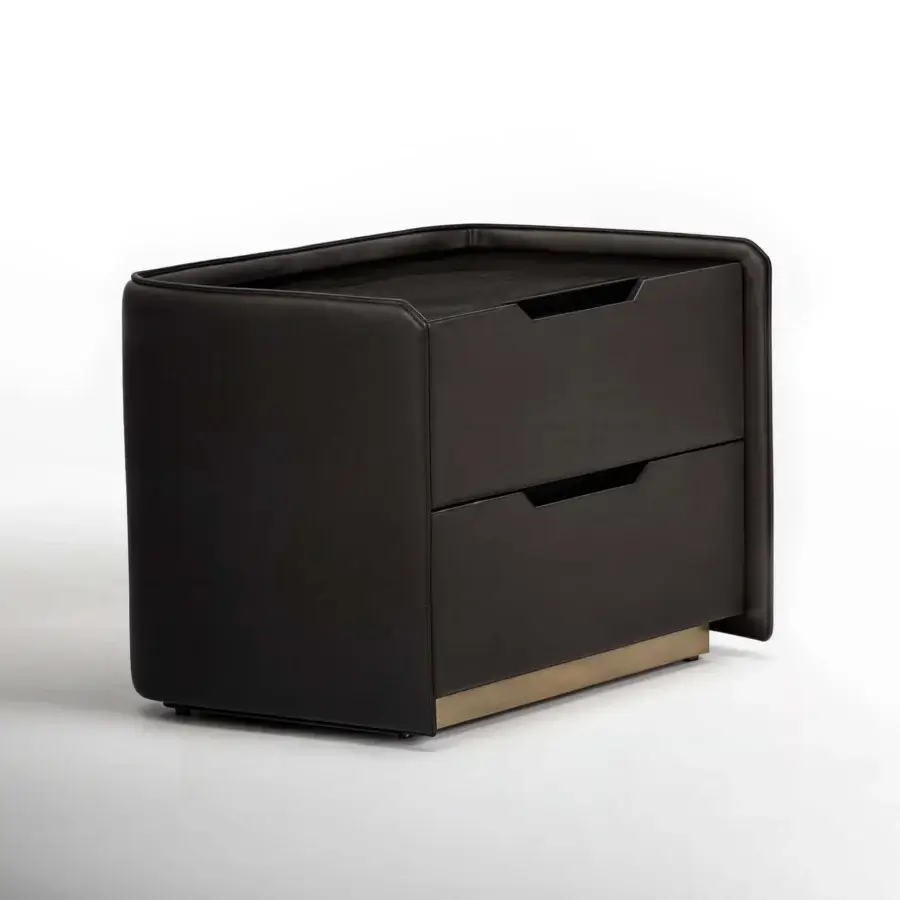 Exclusive Wayne Enterprises WE-150 nightstand upholstered in dark brown leather with a golden lacquered base and wood veneer top