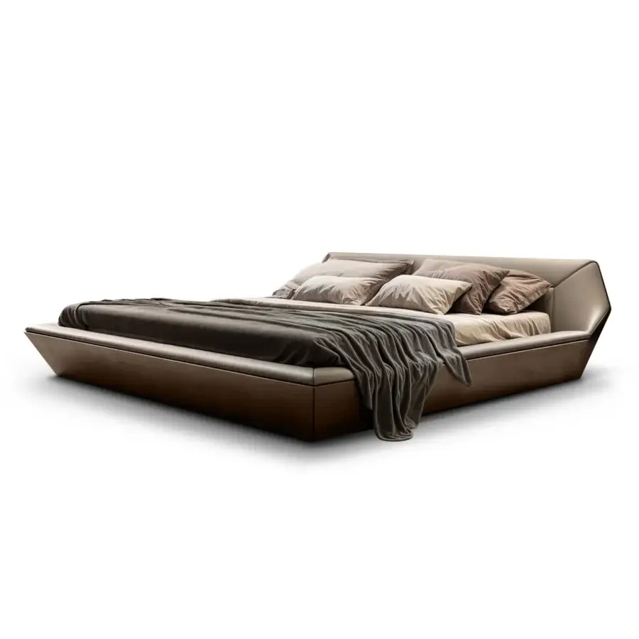 Distinguished WAYNE Enterprises WE-074 bed with light brown textile and dark brown lacquered base offers a minimalist aesthetic