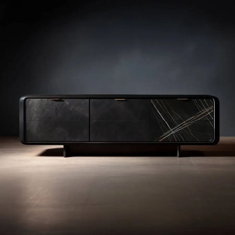 Wayne sideboard, dark gray textured finish, curved silhouette with marble-effect panel and bronze pulls, tapered legs, studio setting.