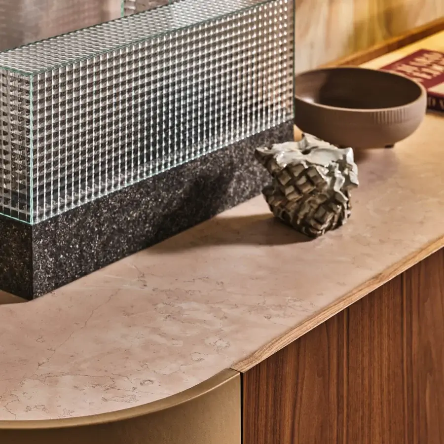 Exceptional Turri Roma sideboard with walnut wood doors and bronze-colored leather, built with a matte pinkish-beige composite top