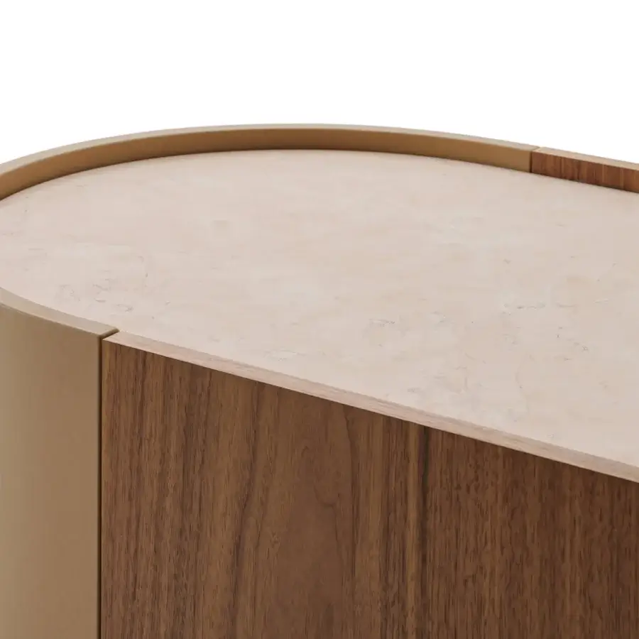 Distinguished Turri Roma sideboard with light beige marble and tan leather framing walnut wood doors