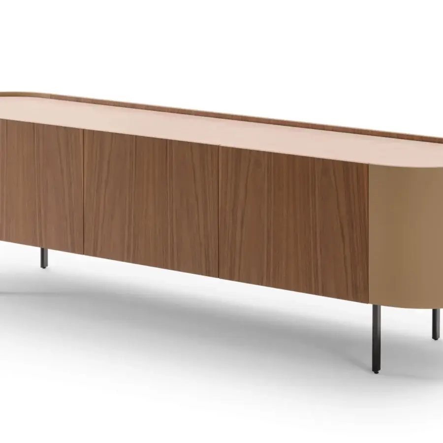 Exceptional Turri Roma sideboard with rounded leather sides and walnut wood doors in a smooth matte finish