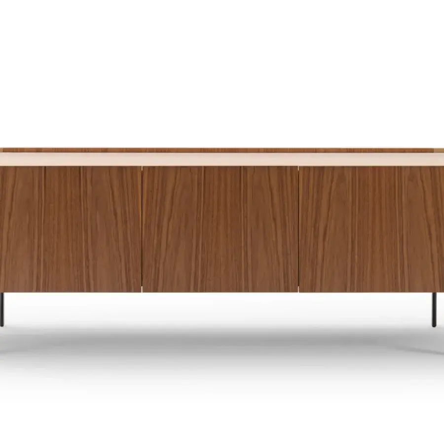 Lavish Turri Roma sideboard with tan wood body, walnut doors and black metal legs crafted in Italy