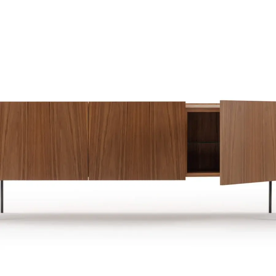 Harmonious Turri Roma sideboard with curved walnut doors, light tan leather sides and metal legs