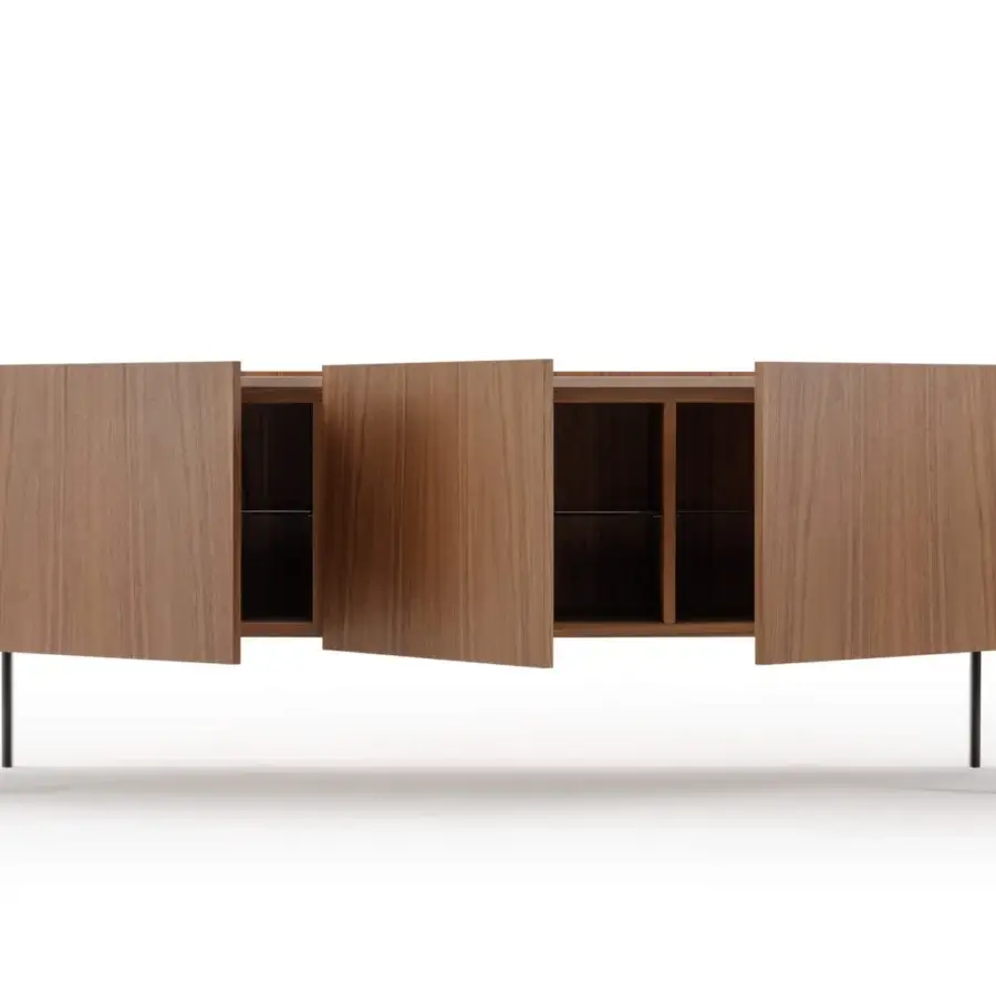 Distinguished Turri Roma sideboard with walnut wood doors, rounded leather sides and minimalist metal legs