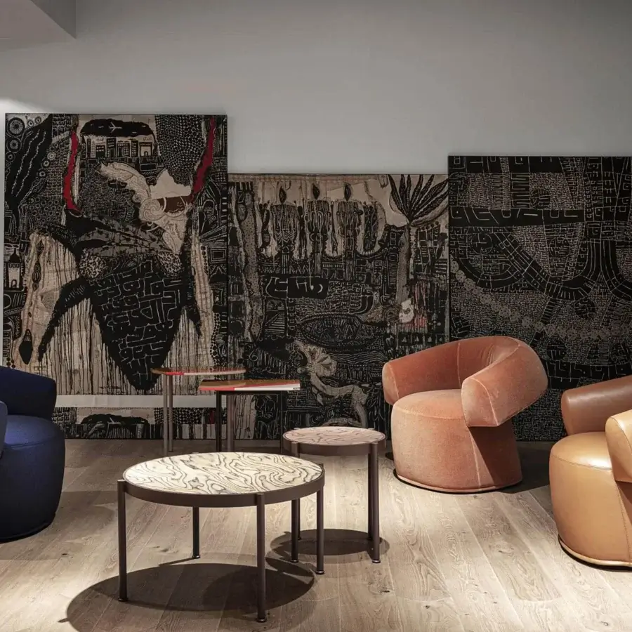 Distinguished Moroso Ruff lounge chair with rounded geometric form upholstered in smooth light brown leather