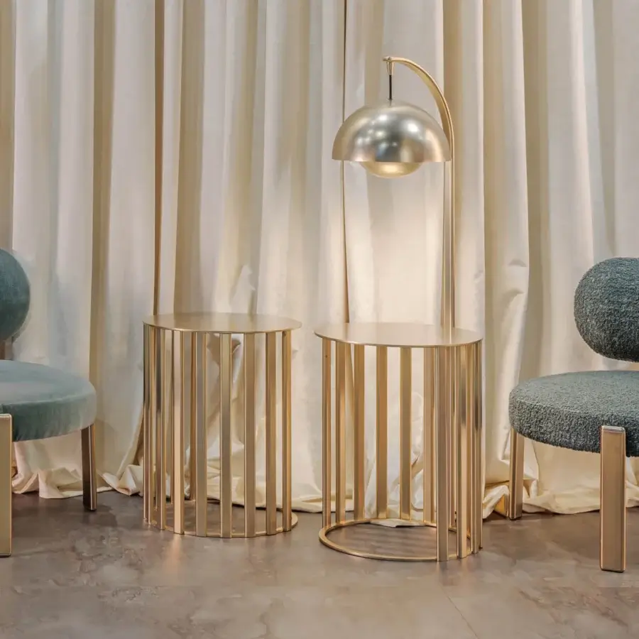 Superior Turri Roma side table crafted entirely from metal in a glossy gold finish with a cylindrical silhouette
