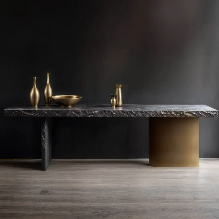 Innovative WAYNE Enterprises WE-185 console with dark marble tabletop and rounded metallic lacquered leg embodying modern sophistication