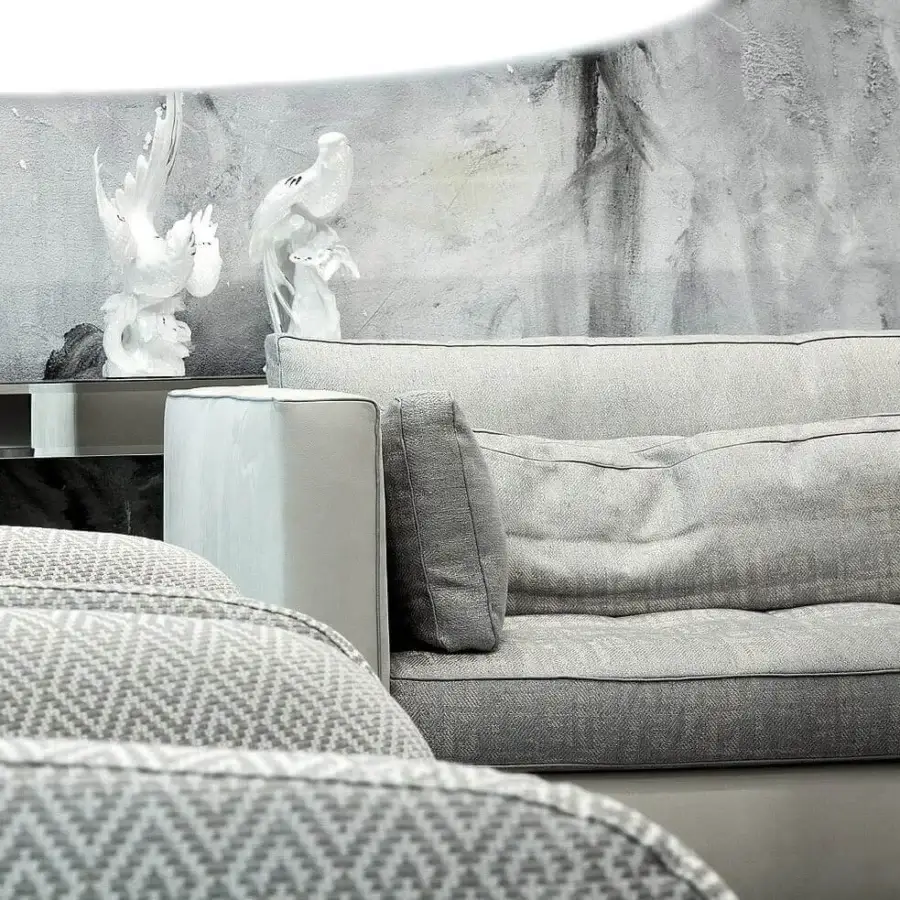 Lavish Erba Alchimia sofa in light grey fabric with a solid wood frame and plush goose feather back cushions