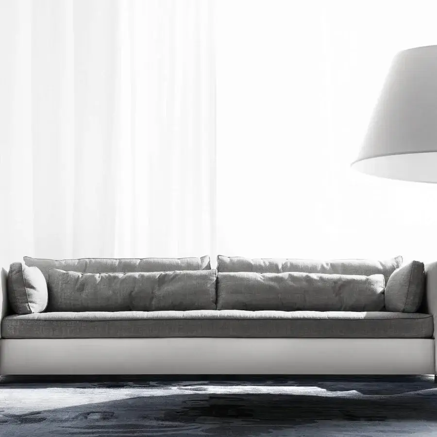 Superior Erba Alchimia sofa crafted with light and darker gray fabric upholstery and a smooth solid wood frame