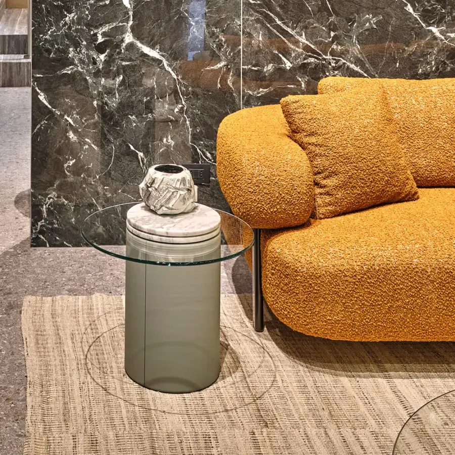 Exceptional Turri Roma side table with cylindrical leather base, cantilevered crystal top and subtle marble detail