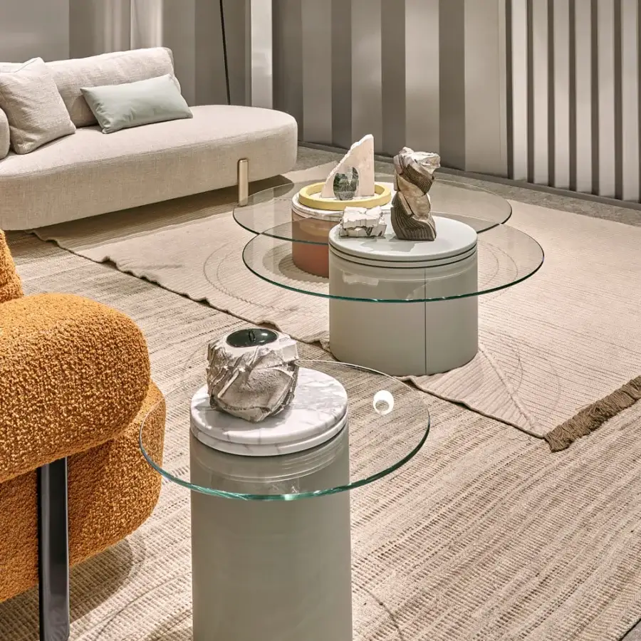 Exceptional Turri Roma side table with light gray leather, cantilevered crystal top and white marble detail