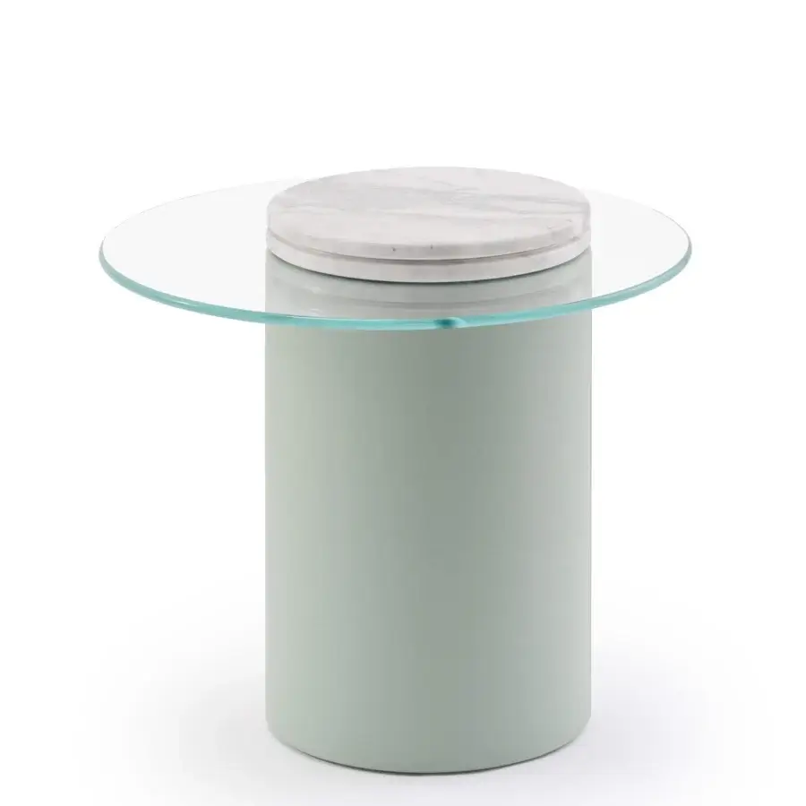 Distinguished Turri Roma side table with cylindrical light green leather base and cantilevered crystal top built with round marble detail