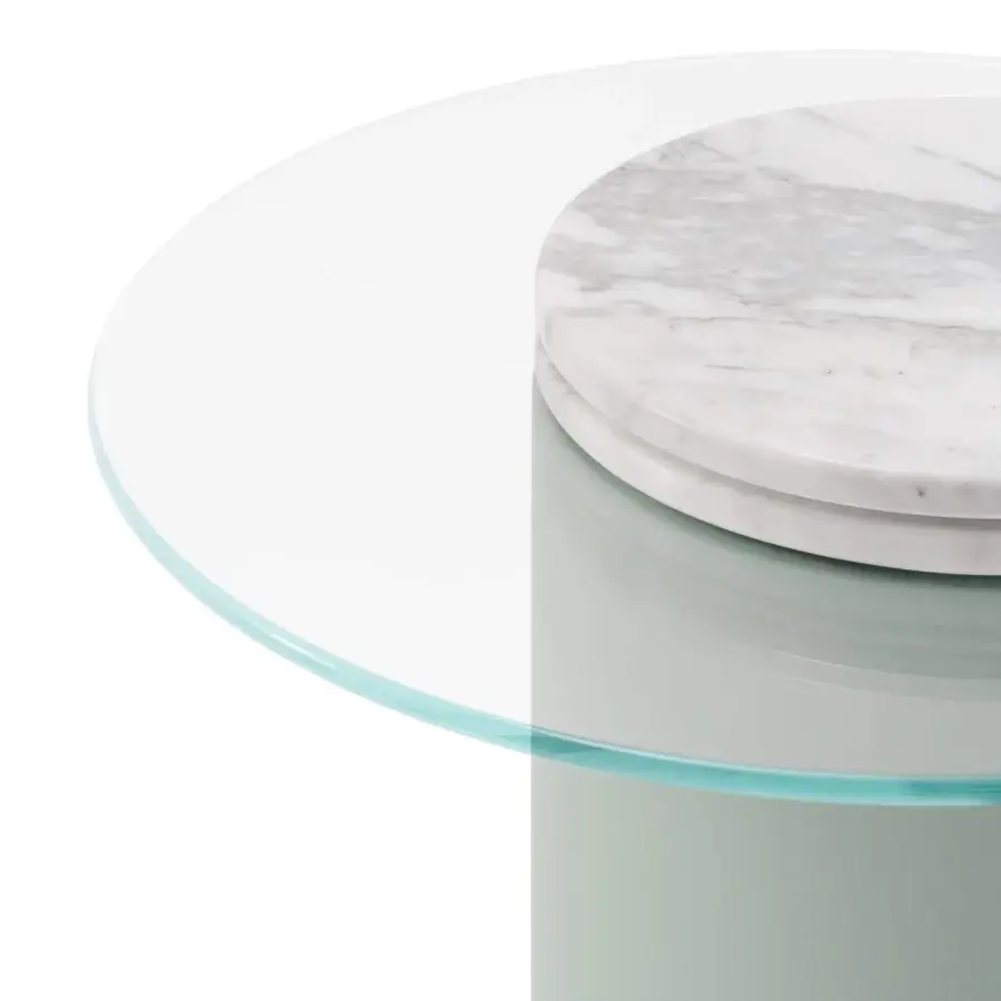 Exceptional Turri Roma side table with cantilevered green crystal top and gray white marble detail in pale leather finish