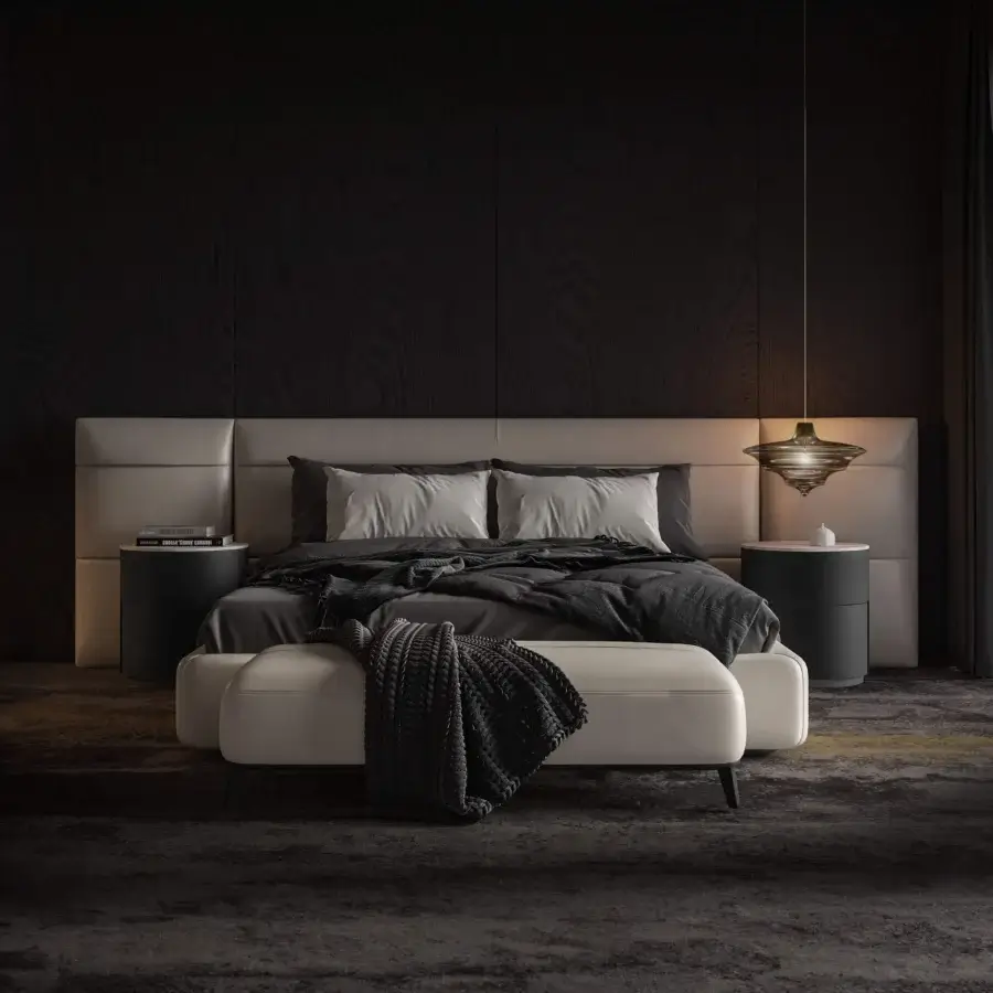 Elegant WAYNE Enterprises WE-075 bed with light upholstery, a leather headboard and dark-colored legs crafted in Italy