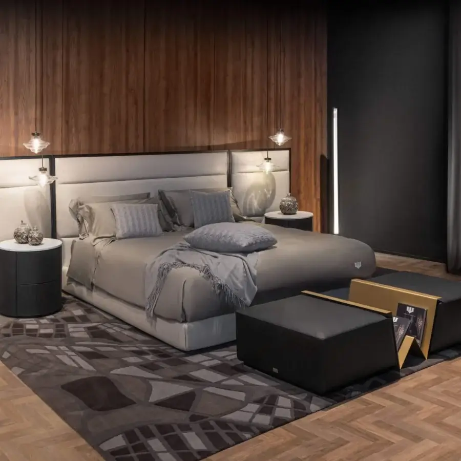 Exclusive WAYNE Enterprises WE-075 bed with light beige textile upholstery and wood veneer structure crafted in Italy