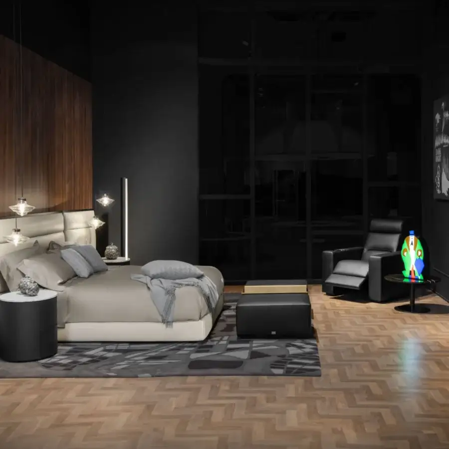 Superior WAYNE Enterprises WE-075 bed with light beige textile upholstery and a leather-covered frame built with wood veneer
