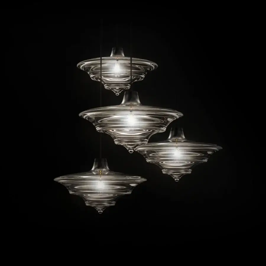 Distinguished WAYNE Enterprises WE-002 suspension lamp with tiered shades in extra clear crystal and dark metal holder
