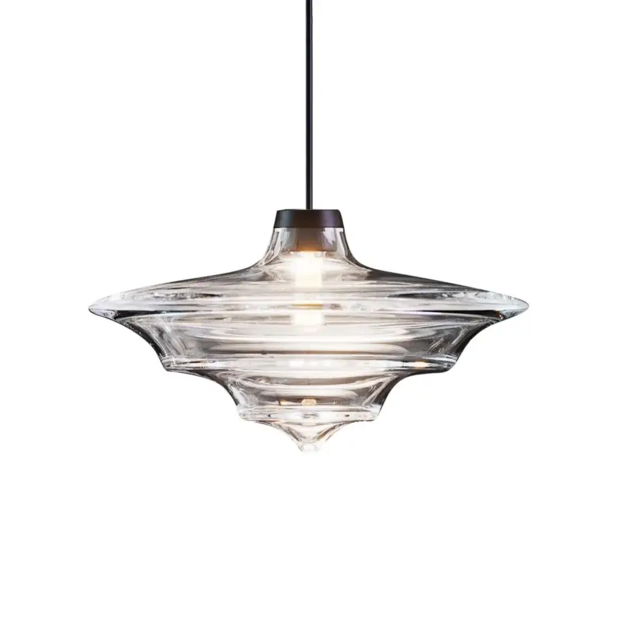 Exclusive WAYNE Enterprises WE-002 suspension lamp with curved silhouette crafted in extra clear crystal and dark metal