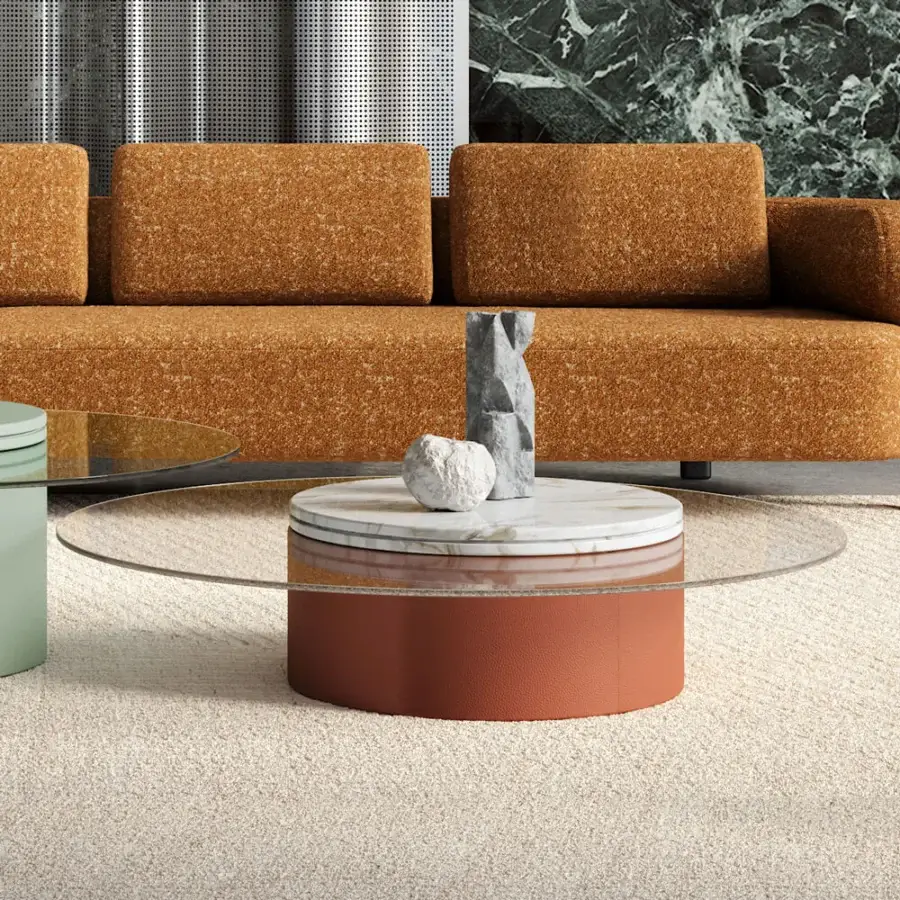 Distinguished Turri Roma coffee table with cantilevered crystal top and reddish-brown textured leather base supporting light gray marble detail