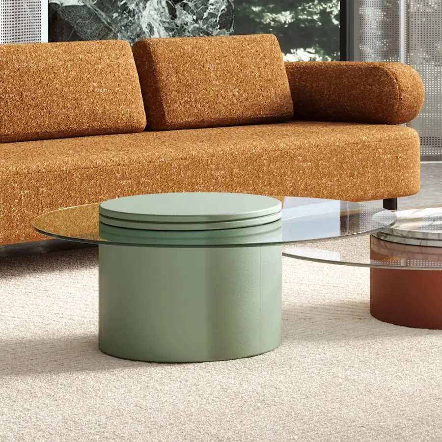 Elegant Turri Roma coffee table with cylindrical bases in light green and reddish-brown leather supporting a cantilevered crystal top