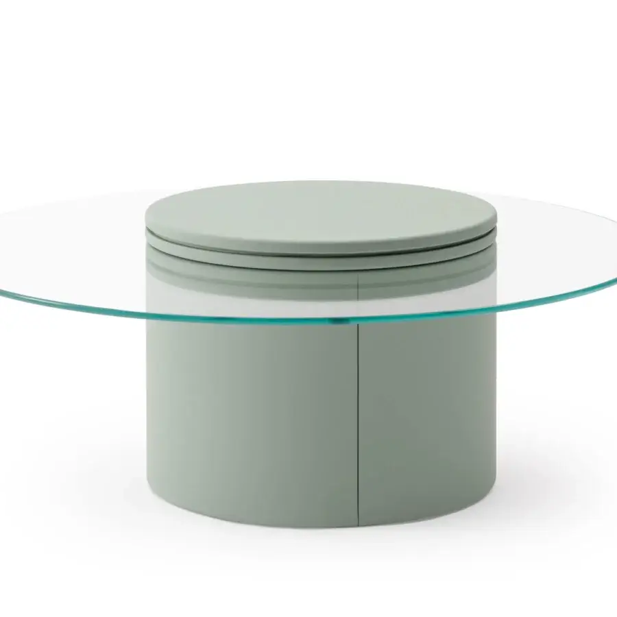 Exceptional Turri Roma coffee table with transparent crystal cantilevered top and matte sage-green leather cylindrical base