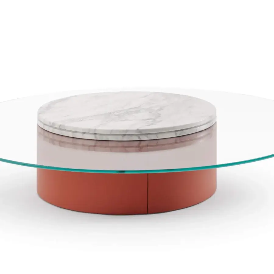 Sophisticated Turri Roma coffee table with cylindrical terracotta leather base and cantilevered crystal top in light marble detail