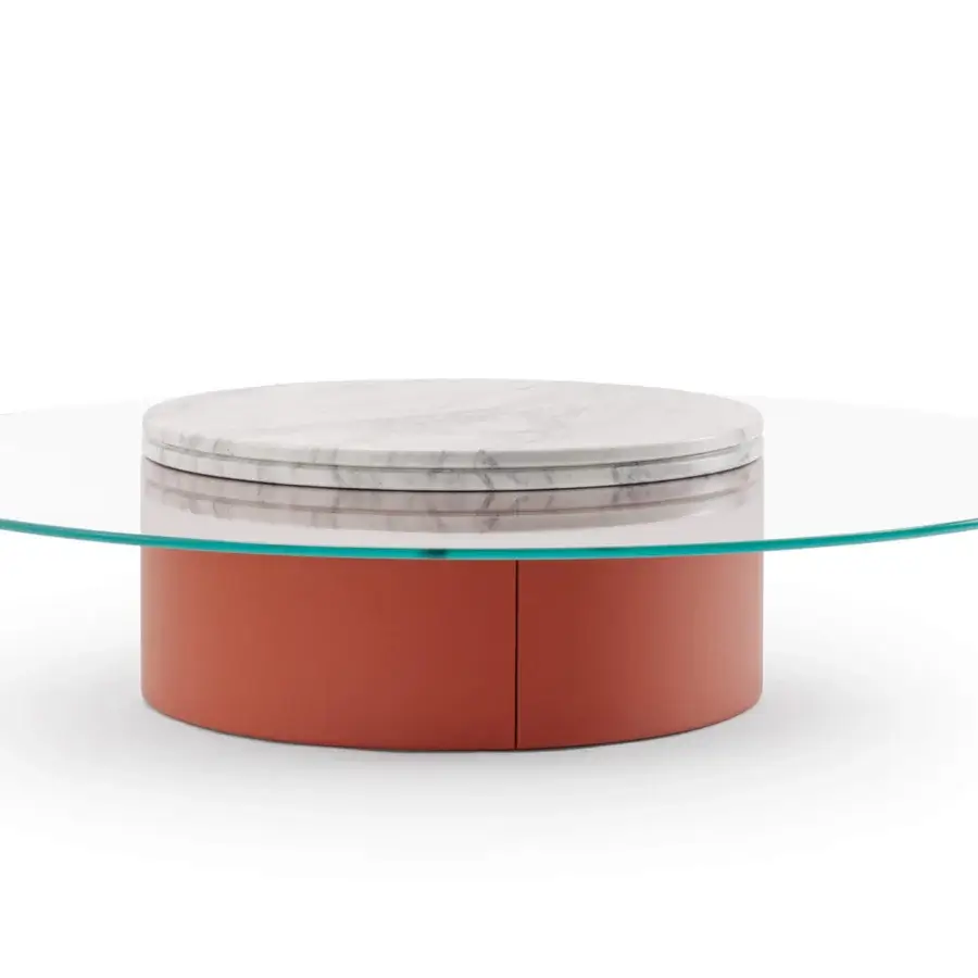 Exclusive Turri Roma coffee table with terracotta leather cylindrical base and cantilevered transparent crystal top built with marble accent