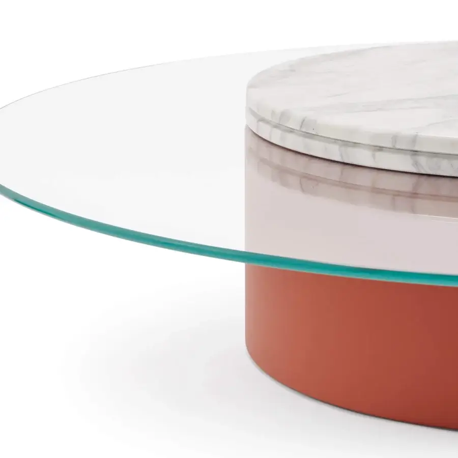 Distinguished Turri Roma coffee table with cylindrical terracotta base and cantilevered crystal top in grey-veined marble