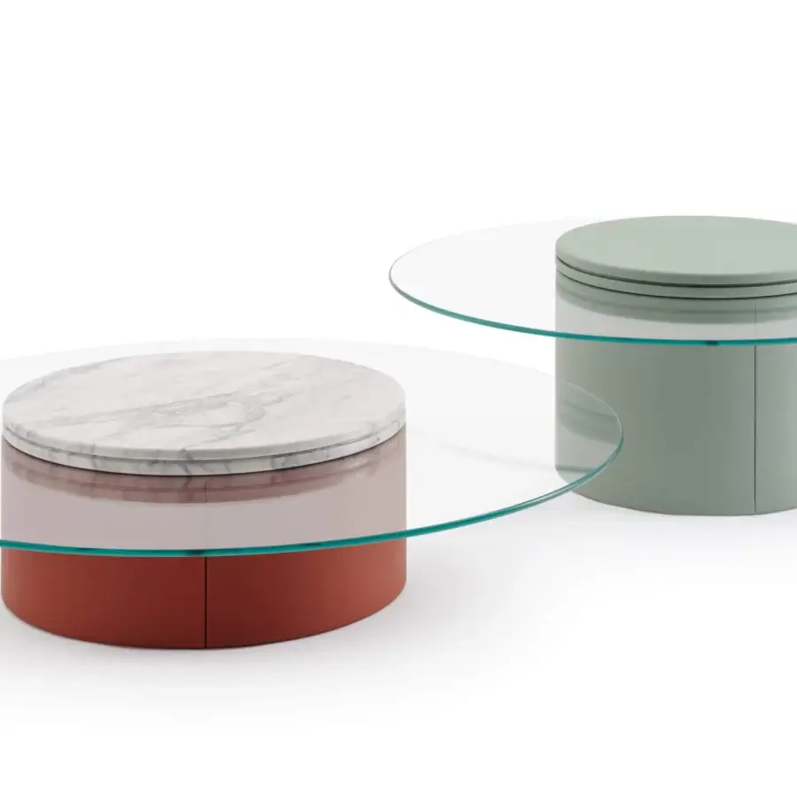 Sophisticated Turri Roma coffee table with cylindrical base in red-brown, pale pink, and white marble supporting a cantilevered crystal top